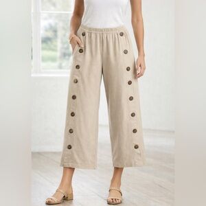 Soft Surroundings Newport Button Pull On Crop‎ Pants Tan XS Nautical Wide Leg